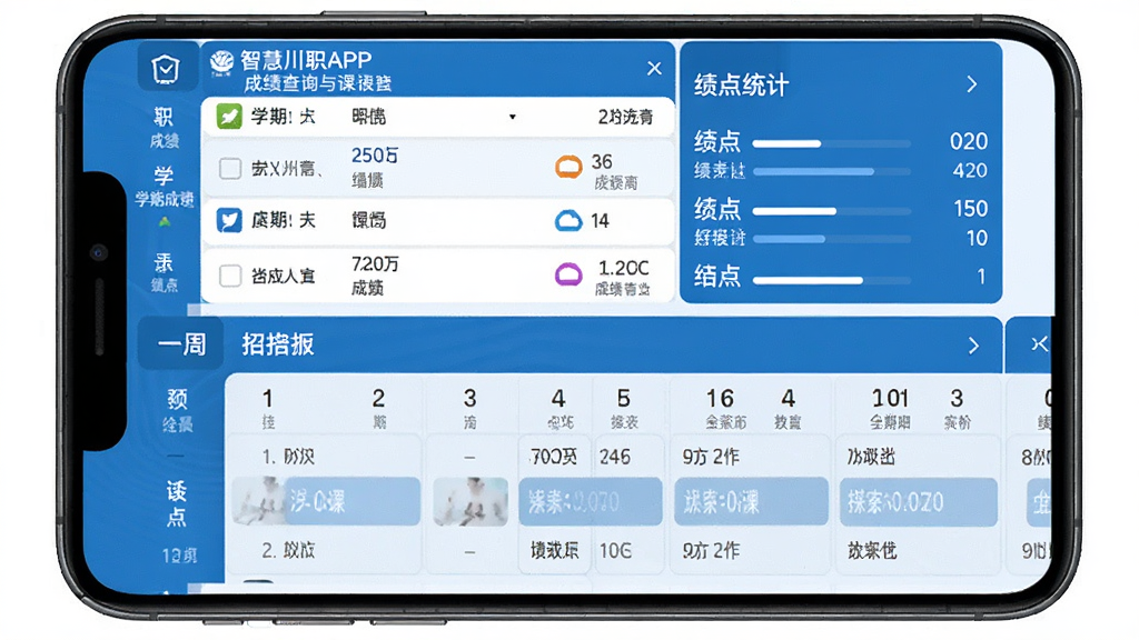 智慧川职APP成绩查询与课表界面,手机屏幕分为上下两部分,上方显示学期成绩列表和绩点统计,下方显示一周课表安排,界面采用蓝白配色,数据清晰易读,风格简洁实用,画面干净整洁,无多余装饰元素,高清画质