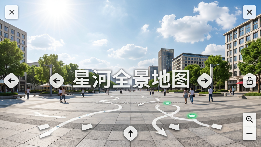 一片开阔的城市广场全景画面,画面中央有“星河全景地图”半透明水印,四周分布着可拖拽的视角箭头与缩放按钮图标,广场上有行人、绿树和建筑,天空明亮,布局采用宽幅全景展开,风格写实明亮,细节包含地砖纹理、建筑窗户和云朵,画质高清,干净,无多余元素