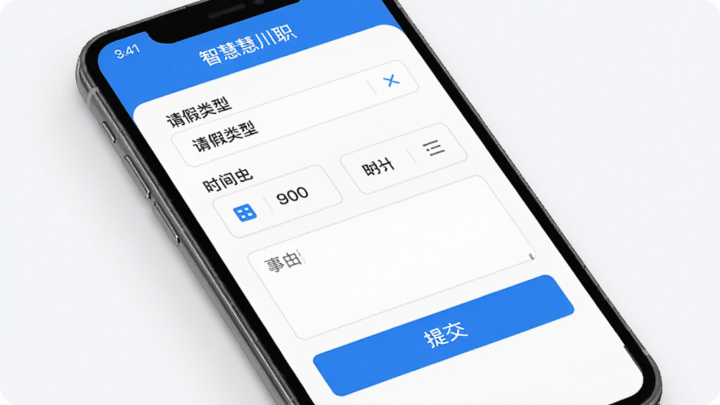 智慧川职APP请假申请与审批界面,手机屏幕展示请假表单填写页面,包含请假类型选择、时间选择器、事由输入框和提交按钮,界面设计简洁清晰,蓝白色调,功能按钮醒目,画面干净无杂乱元素,UI精致,高清画质