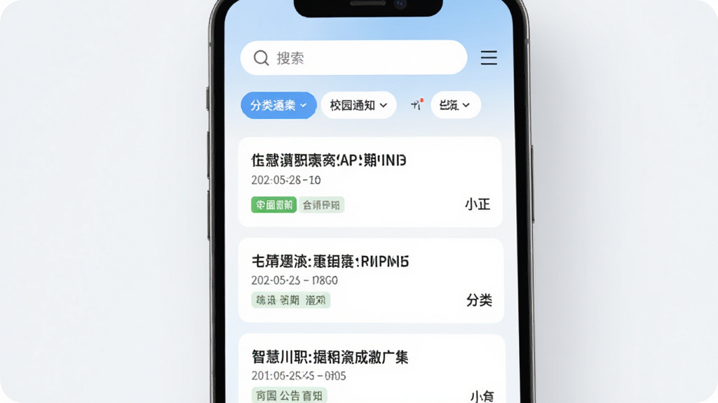 智慧川职APP校园资讯通知界面,手机屏幕展示通知公告列表,每条通知带有标题、时间和分类标签,顶部有搜索栏和分类筛选按钮,界面采用清爽的浅色设计,信息层级分明,风格现代简洁,画面干净,高清画质