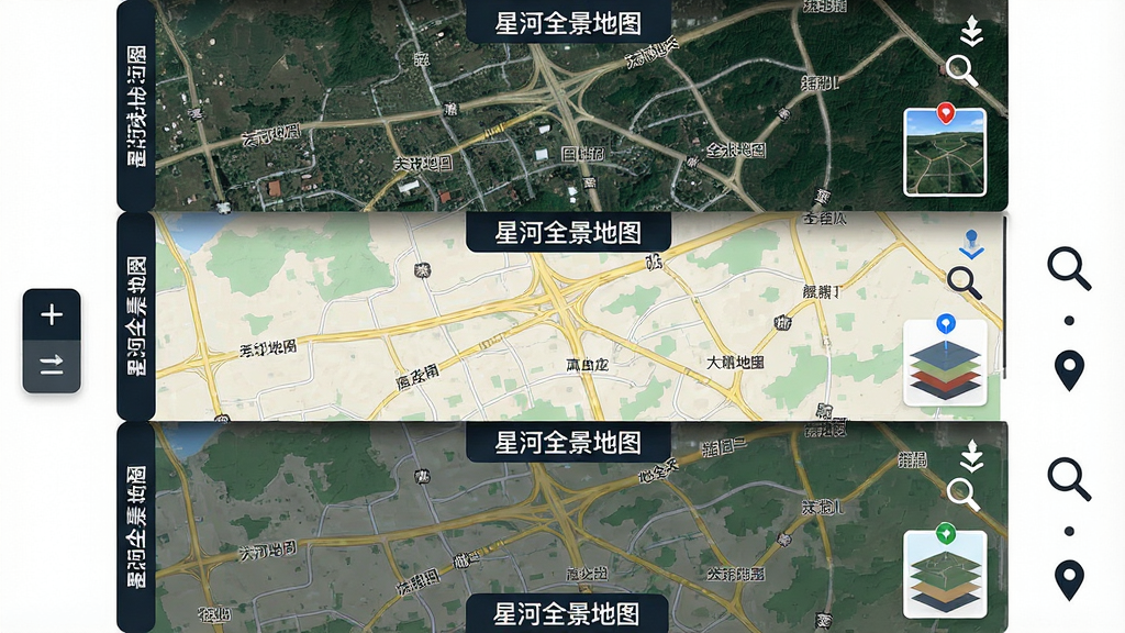 一张分层展开的地图示意图,上层为卫星影像图层,中层为标准地图图层,下层为混合图层,每层边缘带有“星河全景地图”标签,画面左侧有切换按钮图标,右侧有放大镜和定位符号,布局为纵向层叠展示,风格简洁信息图,细节包含道路线条、地名标注和图层缩略图,画质高清,干净,无多余元素