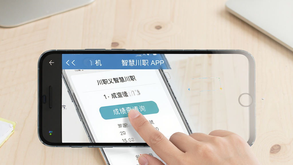 智慧川职安卓手机操作示意图,画面展示一部手机正在运行智慧川职APP,手指点击成绩查询按钮,界面清晰展示操作步骤,背景为简洁的浅色桌面,风格直观易懂,画面干净,高清画质