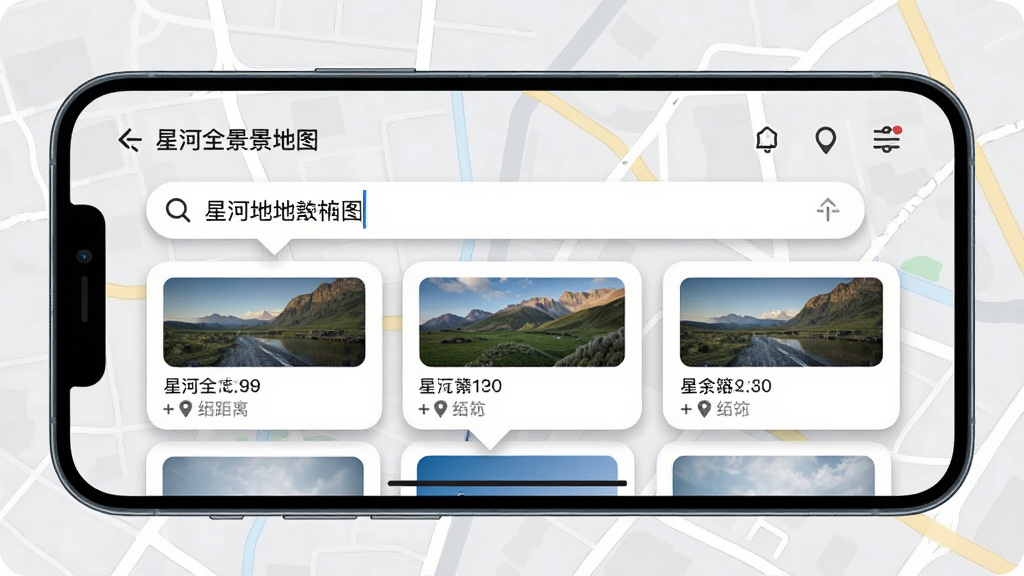 一部手机横屏展示“星河全景地图”搜索界面,搜索框内显示地名关键词,下方弹出多个搜索结果卡片,卡片上带有缩略图和距离信息,背景为浅灰色地图网格,布局为上下结构,风格现代简约,细节包含搜索图标、卡片阴影和定位标记,画质高清,干净,无多余元素