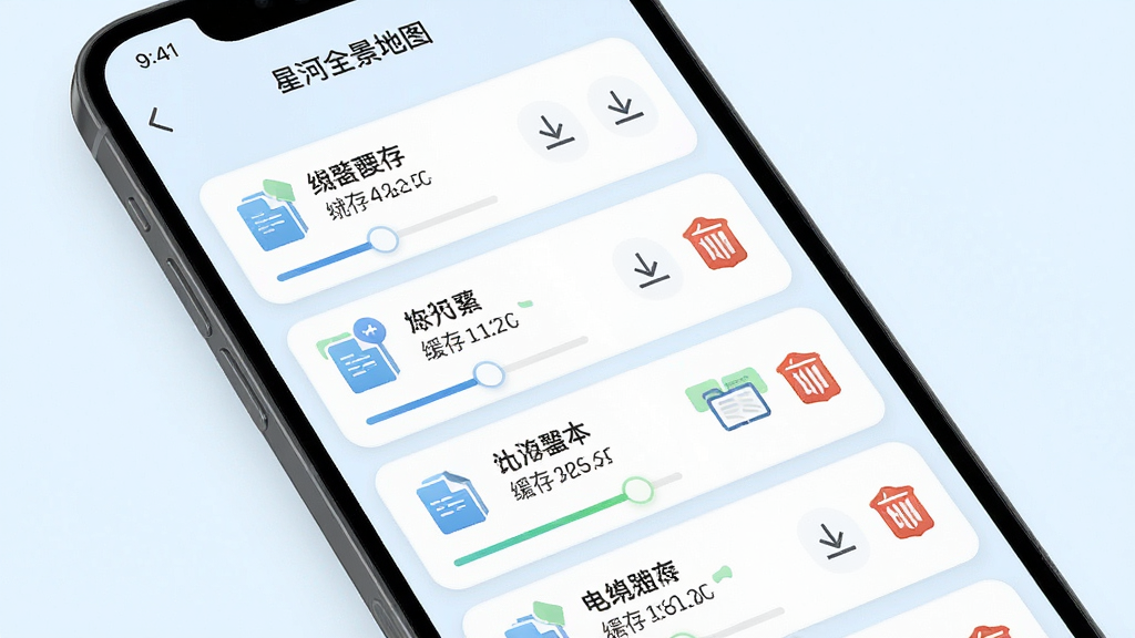 手机屏幕显示“星河全景地图”离线管理页面,页面中有多个已下载区域卡片,卡片上标注地名和缓存大小,旁边有下载箭头和删除按钮,背景为淡蓝色,布局为列表式排列,风格清爽工具类,细节包含进度条、文件图标和状态标签,画质高清,干净,无多余元素