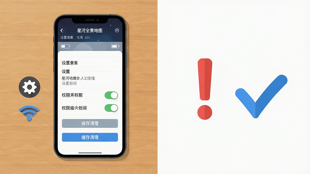 一部手机放在桌面上,屏幕显示“星河全景地图”运行界面,旁边有齿轮图标、WiFi信号图标和电池图标,画面右侧有红色感叹号与蓝色对勾对比符号,布局为左右对比式,风格扁平化提示图,细节包含设置菜单、权限开关和缓存清理按钮,画质高清,干净,无多余元素