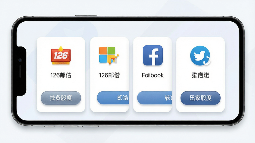 一张展示电子邮件注册软件一站式注册引导功能的图片,画面中一部手机横屏展示,屏幕上排列着多个邮箱服务商的图标和注册按钮,包括126邮箱、微软、Facebook等,界面采用卡片式布局,风格清新浅色,细节包括图标光影效果和按钮质感,画质高清,干净无多余元素