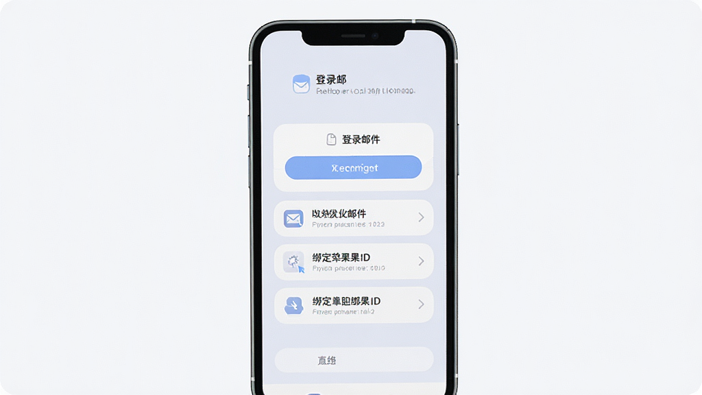 一张展示电子邮件注册软件注册后使用指导功能的图片,画面中一部手机竖屏展示,屏幕上显示着注册完成后的引导页面,包括登录邮箱、收发邮件、绑定苹果ID等操作选项,界面风格柔和圆角,细节包括图标和文字排版,画质高清,干净无多余元素