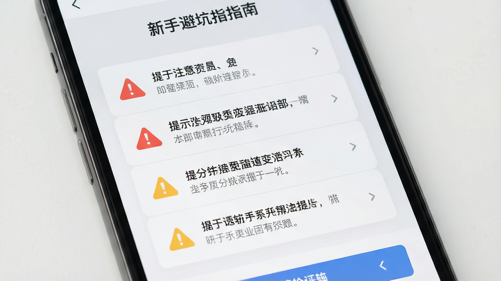 一张展示电子邮件注册软件新手避坑指南页面的图片,画面中一部手机竖屏展示,屏幕上显示着注意事项列表和提示图标,界面风格浅灰质感,细节包括警告图标、提示文字和操作按钮,画质高清,干净无多余元素