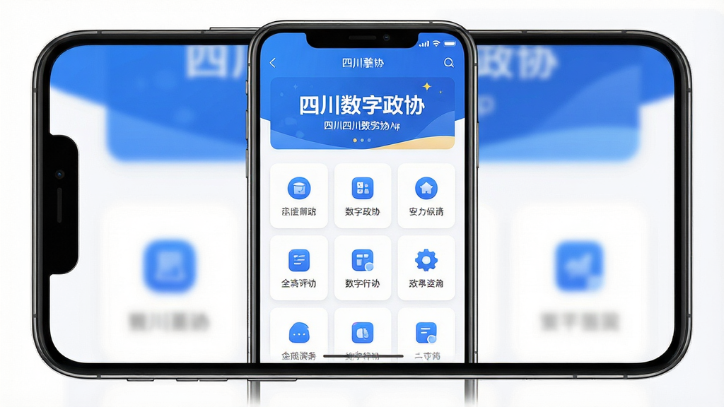 一张手机屏幕展示四川数字政协App首页界面,主体为手机正视图居中放置,布局上屏幕内显示顶部横幅与多个功能图标网格,排版简洁清晰,风格为现代政务简约风,细节包括蓝色主色调、白色卡片卡片式设计、图标线条圆润,画质高清干净无多余元素