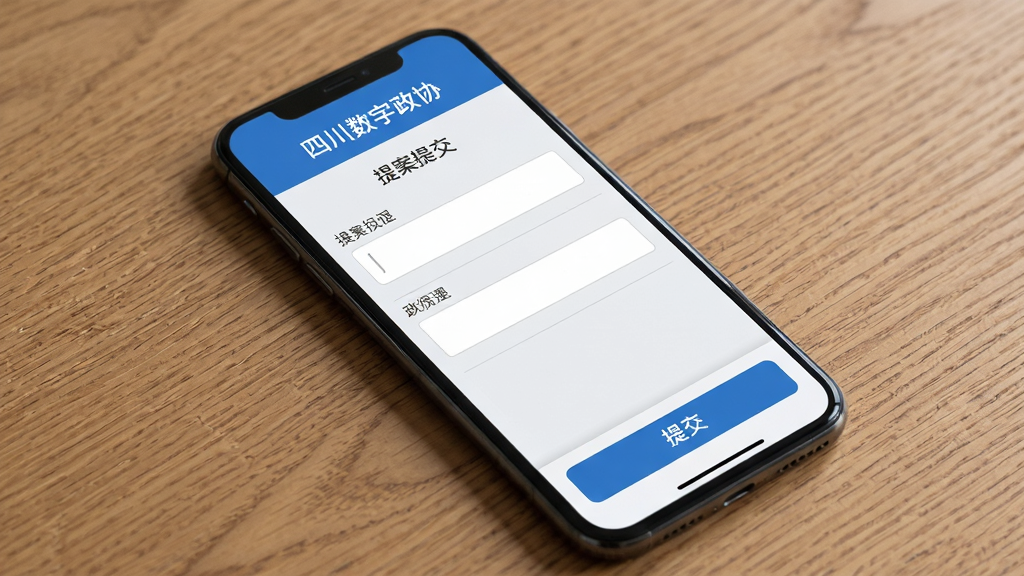 一部智能手机屏幕显示四川数字政协App的提案提交页面,主体为手机斜放于木质桌面,布局上方为标题栏中间为表单区域下方为提交按钮,排版纵向排列,风格为扁平化政务设计,细节包括蓝色按钮、白色输入框、浅灰背景分隔线,画质清晰干净无多余元素