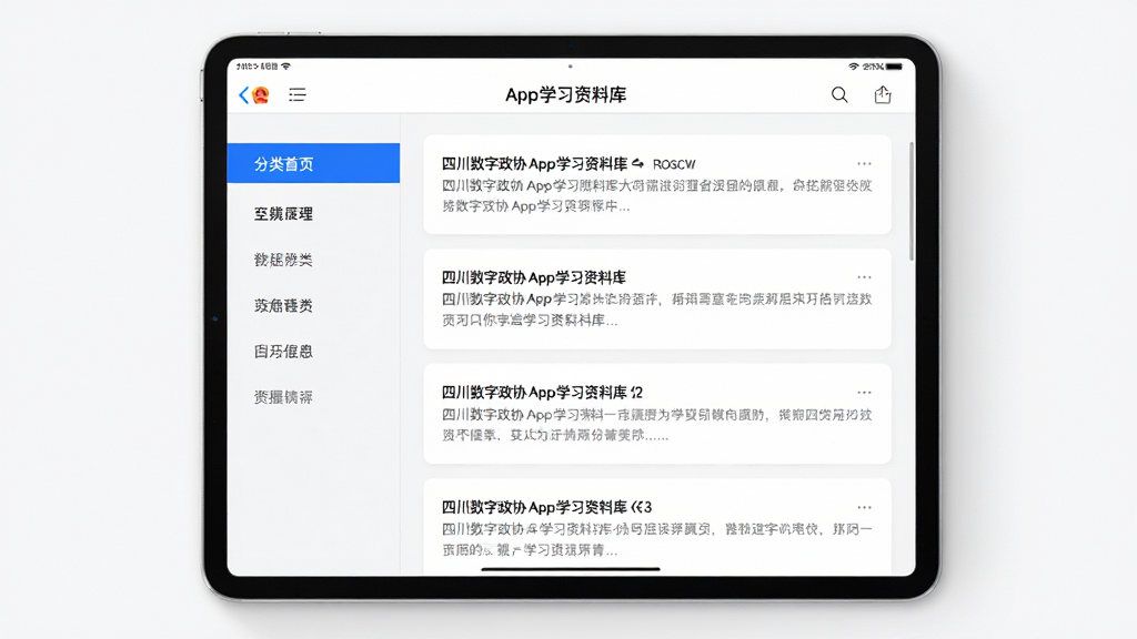一部平板电脑展示四川数字政协App的学习资料库页面,主体为平板横屏放置,布局左侧为分类导航右侧为文章列表,排版分栏清晰,风格为清爽阅读界面,细节包括蓝色高亮选中项、白色卡片、灰色文字摘要,画质高清干净无多余元素