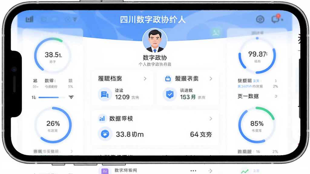 手机屏幕展示四川数字政协App个人履职档案页面,主体为手机正视图,布局上方为个人信息头像下方为数据统计卡片和列表,排版居中对称,风格为数据可视化仪表盘,细节包括蓝色环形进度条、数字指标、图标装饰,画质清晰干净无多余元素