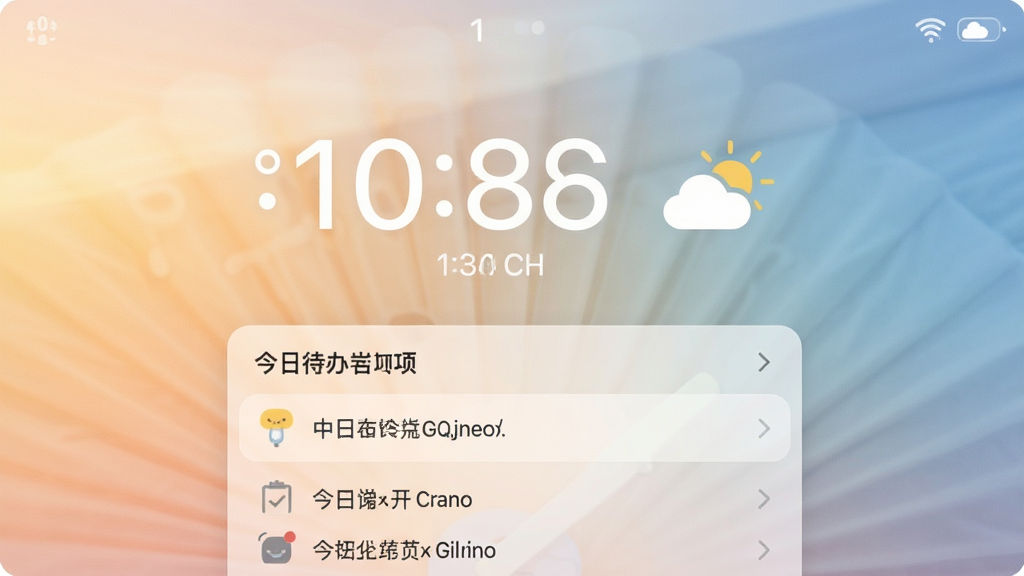起床准点闹钟响铃界面,中央大字体显示时间和天气图标,下方列表展示今日待办事项,背景为柔和晨光色调,布局清晰,画质细腻,无杂乱元素