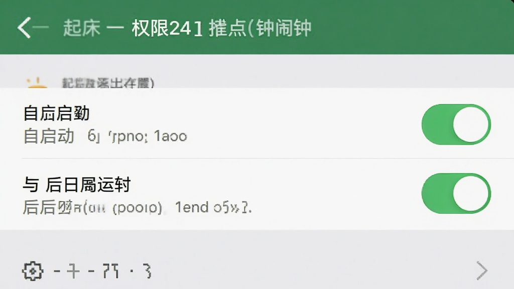 起床准点闹钟应用在手机后台权限设置页面示意图,展示自启动与后台运行开关为开启状态,界面风格与手机系统设置一致,清晰展示操作步骤,画质干净