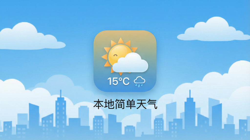 软件主界面展示图,画面中央为“本地简单天气”应用图标与名称,背景为蓝天白云与城市剪影,布局简洁清晰,风格清新自然,细节包含温度数字与天气图标,画质高清,干净,无多余元素