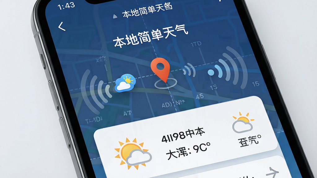 AI生图,画面主体为“本地简单天气”手机界面,屏幕中显示定位图标与地图标记,布局为上下结构,上方为城市名称,下方为天气数据卡片,风格写实科技感,细节包含经纬度线条与信号波纹,画质高清,干净,无多余元素