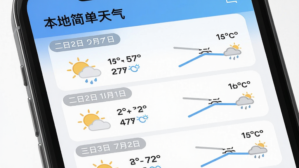 AI生图,画面展示“本地简单天气”多日预报界面,主体为手机屏幕,布局为纵向列表排列,每日天气以图标加温度数字展示,风格扁平化设计,细节包含日期标签与天气趋势折线,画质高清,干净,无多余元素