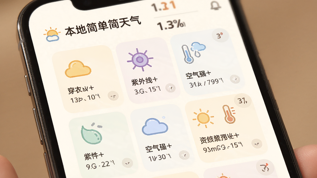 AI生图,画面内容为“本地简单天气”生活指数页面,主体为手机界面,布局为网格状卡片排列,每个卡片包含图标与文字说明,风格温暖柔和,细节包含穿衣、紫外线、空气等图标,画质高清,干净,无多余元素