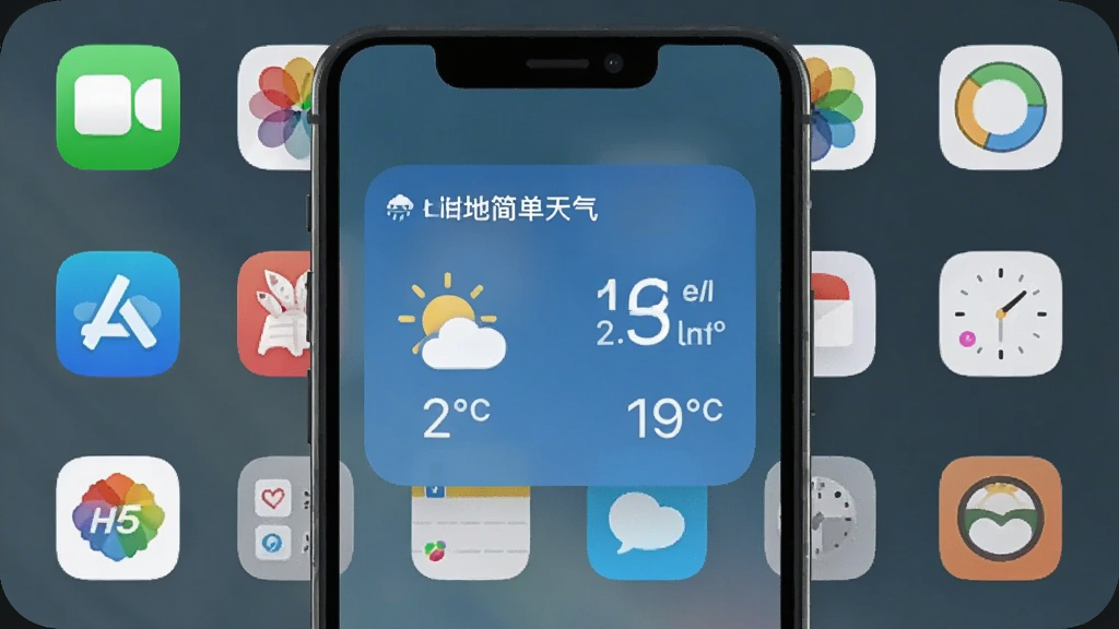 AI生图,画面展示手机桌面上的“本地简单天气”小组件,主体为手机屏幕与桌面图标,布局为桌面网格排列,小组件位于显眼位置,风格现代简约,细节包含天气图标与温度数字,画质高清,干净,无多余元素