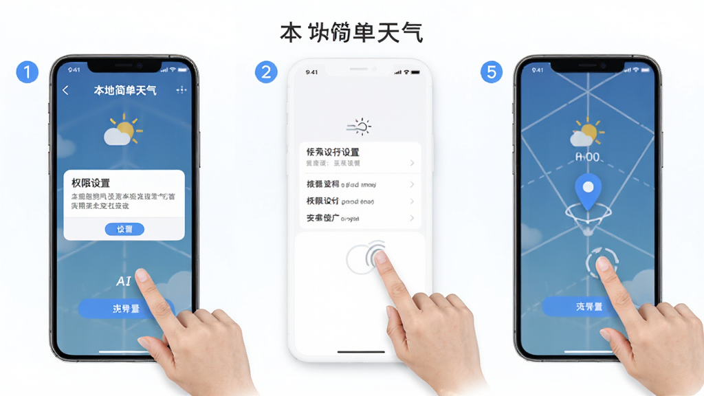 AI生图,画面展示“本地简单天气”使用教程示意图,主体为手机屏幕与操作手势,布局为分步图示排列,风格简洁明快,细节包含权限设置界面与定位图标,画质高清,干净,无多余元素