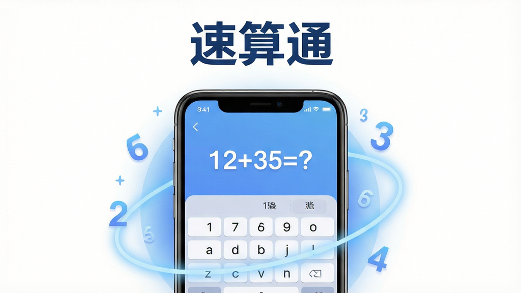 画面主体为一款名为“速算通”的手机应用界面展示,布局采用中心对称方式,上方为横向排列的“速算通”文字标志,中部为手机屏幕内的数字运算练习界面,界面中显示着“12+35=?”和虚拟键盘,屏幕四周环绕着淡蓝色光晕与漂浮的数字符号,整体排版简洁明快,风格为现代科技感与教育类App的清爽质感,细节包含柔和的阴影、圆角卡片、清晰的数字字体,画质为4K超高清,干净无多余元素,背景为纯白色。