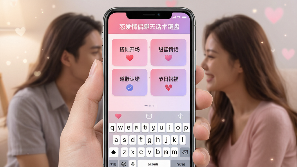 恋爱情侣聊天话术键盘软件主界面整体预览图,画面中央展示一部智能手机,手机屏幕上呈现软件主界面,界面顶部有“恋爱情侣聊天话术键盘”文字标题,中部为分类话术卡片列表,包含“搭讪开场”“甜蜜情话”“道歉认错”“节日祝福”等分类标签,底部为键盘输入区域,整体采用粉色与浅紫色渐变配色,风格温馨浪漫,画面干净整洁,无多余元素,高清画质,UI设计细节清晰可见。
