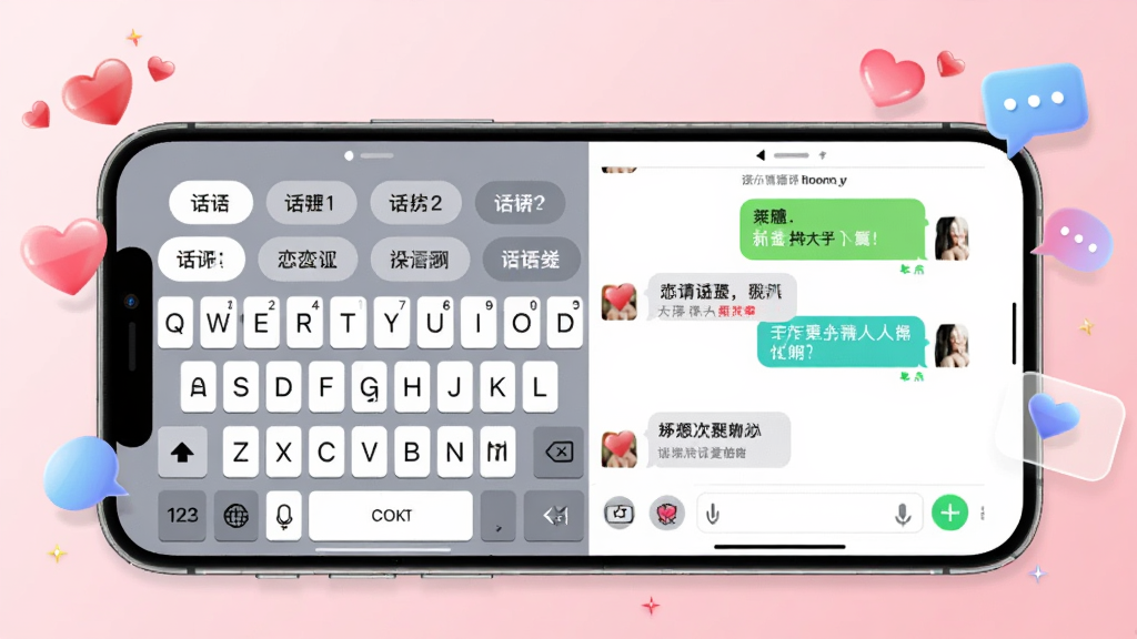恋爱情侣聊天话术键盘功能展示图,画面展示一部手机横屏状态,屏幕中显示键盘界面与聊天窗口并排布局,键盘上方有多个话术分类标签,聊天窗口中显示一段甜蜜对话,手机周围漂浮着爱心和对话气泡图标,背景为浅粉色渐变,风格清新浪漫,画面布局清晰,细节丰富,高清画质,无多余元素。
