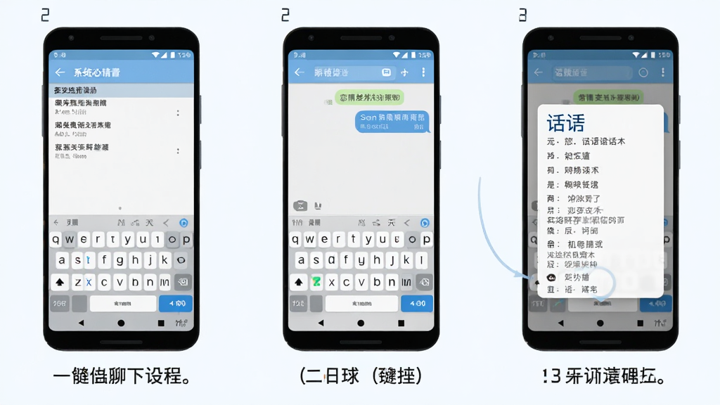恋爱情侣聊天话术键盘使用教程示意图,画面展示一部安卓手机,屏幕上依次呈现三个操作步骤截图,第一步为系统设置中启用键盘的界面,第二步为聊天窗口中切换键盘的界面,第三步为话术面板成功弹出的界面,每个步骤下方有简短文字说明,整体风格简洁明了,配色以白色和浅蓝色为主,画面干净,高清画质,无多余元素。