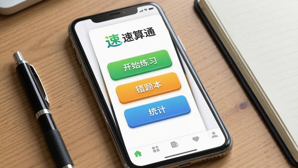 画面主体为“速算通”在手机屏幕上的运行画面,布局为竖屏展示,屏幕中显示着速算通的主界面,上方有“速算通”Logo,中间是“开始练习”“错题本”“统计”三个大按钮,底部有导航栏,手机周围放置着一支笔和一本笔记本,背景为木质桌面,排版突出手机屏幕内容,风格为真实生活场景风格,细节包含手机边框的反光、按钮的微立体效果、清晰的文字,画质为高清,干净无多余元素。