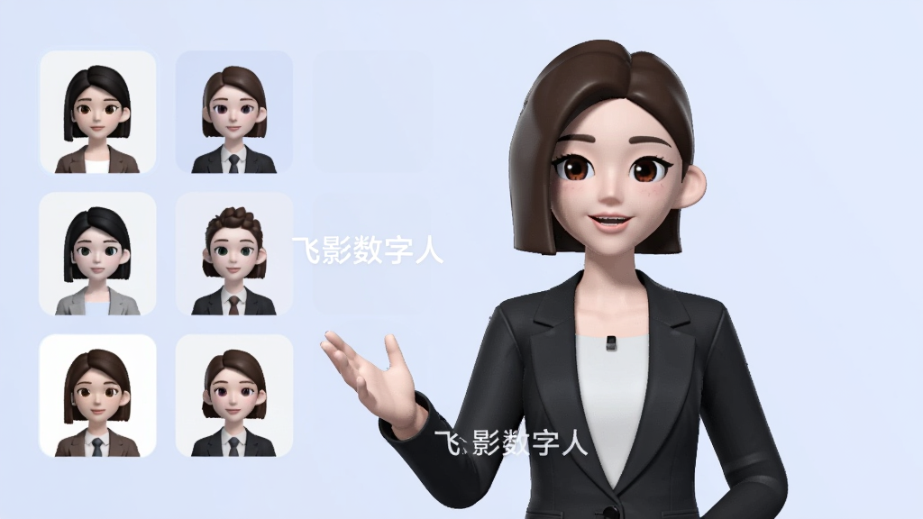 一位穿着职业装的虚拟数字人女性站在纯色背景前,面带微笑做讲解手势,画面左侧排列多个不同风格的数字人头像缩略图供选择,整体风格清爽现代,主体突出,排版整齐,画质高清,干净无多余元素,画面中浮现
