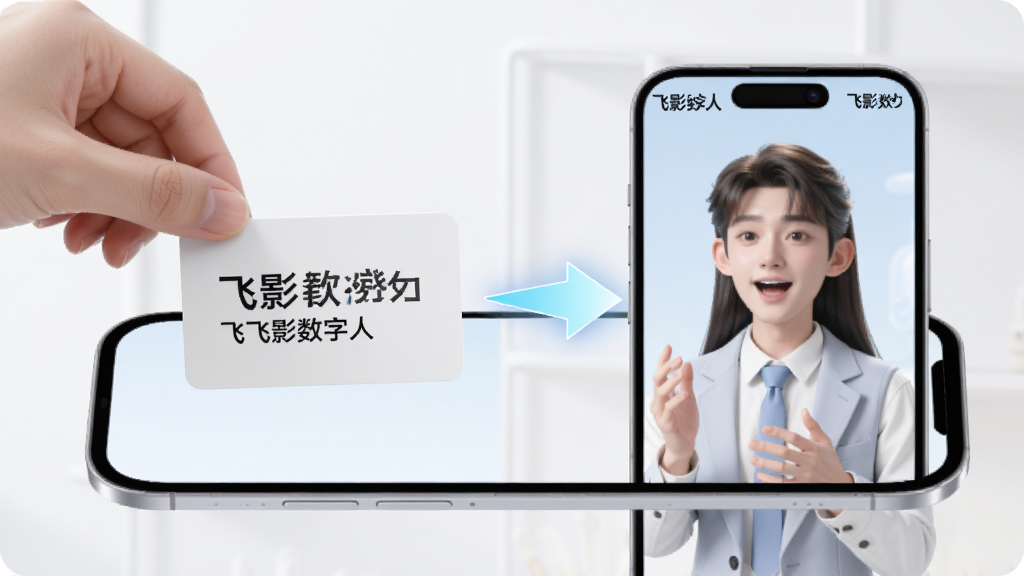 画面展示一只手将一段文字卡片放入手机屏幕,屏幕中数字人随即开口说话并生成视频画面,文字卡片与视频画面之间用发光箭头连接,整体采用明亮浅色风格,布局左右对称,细节清晰,画质高清,干净无多余元素,屏幕角落标注