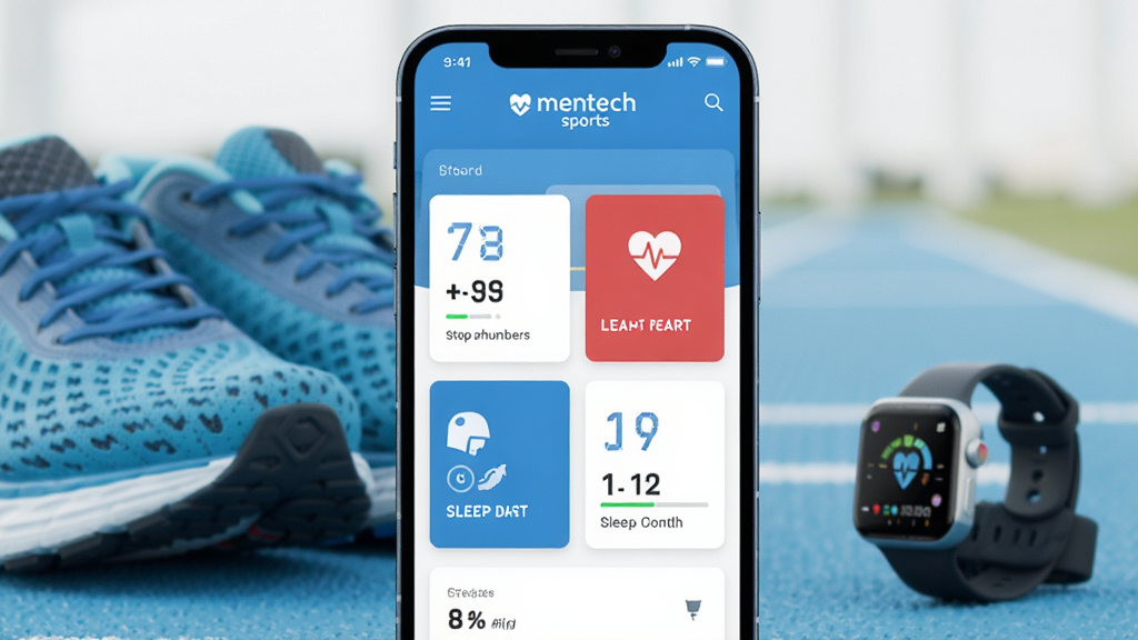 一张展示 mentech sports 应用主界面的图片。画面中央是一部智能手机,屏幕上显示着运动数据仪表盘,包含步数、心率、睡眠时长等卡片。背景是干净的运动场景,有跑鞋和智能手表放在旁边。整体布局清晰,排版采用现代扁平化风格,色调以蓝色和白色为主,细节丰富,画质清晰,干净无多余元素。