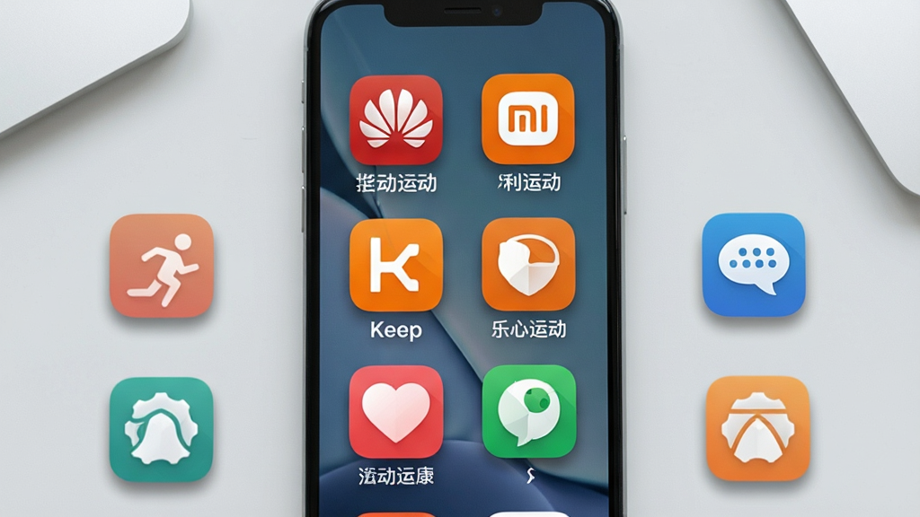 一张展示多款运动健康类应用图标集合的图片。画面中央是手机屏幕,屏幕上排列着华为运动健康、小米运动、Keep、乐心运动等应用图标。背景是干净的浅灰色桌面。布局采用网格状排列,排版整齐,风格简约商务,细节包括图标圆角和阴影,画质清晰,干净无多余元素。