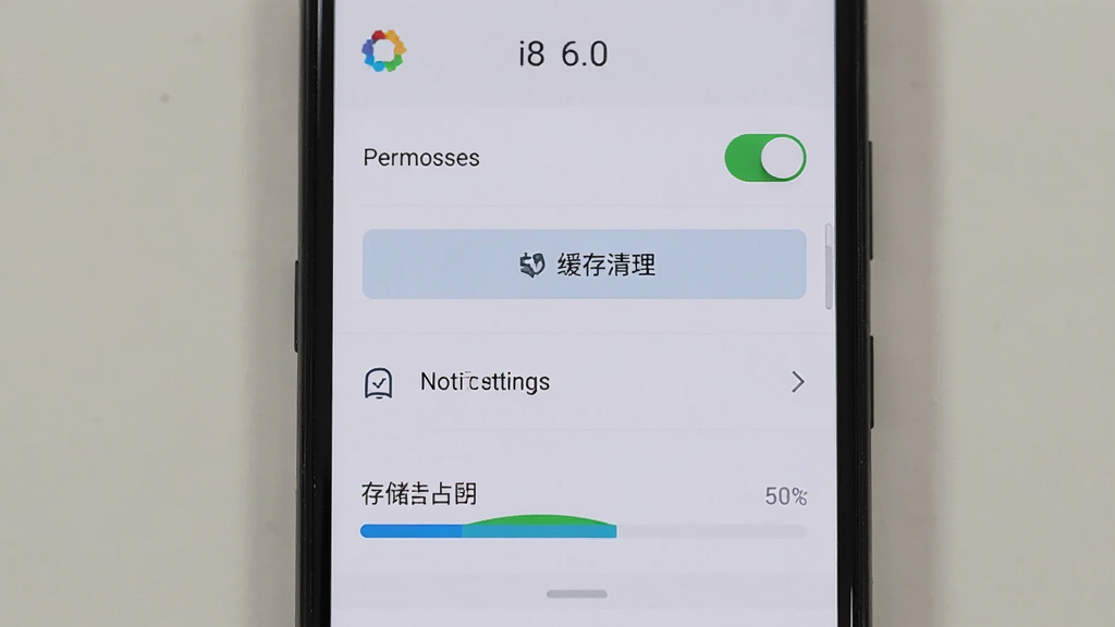 主体为手机屏幕显示“i8 6.0”设置页面,布局为纵向菜单列表,背景为浅色界面,风格为简洁工具风,细节包括权限开关、缓存清理按钮、通知设置项、存储占用条,画质清晰,画面干净,无多余元素