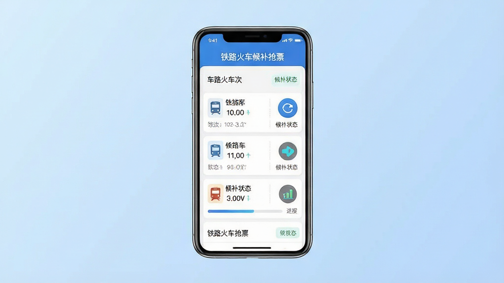 一张展示铁路火车候补抢票软件主界面的图片,画面中央是手机屏幕,屏幕内显示软件名称“铁路火车候补抢票”和车次列表、候补状态图标。布局采用居中展示,背景为浅蓝色渐变,风格为简洁科技风,细节包括车票图标、刷新按钮、进度条,画质清晰,干净,无多余元素