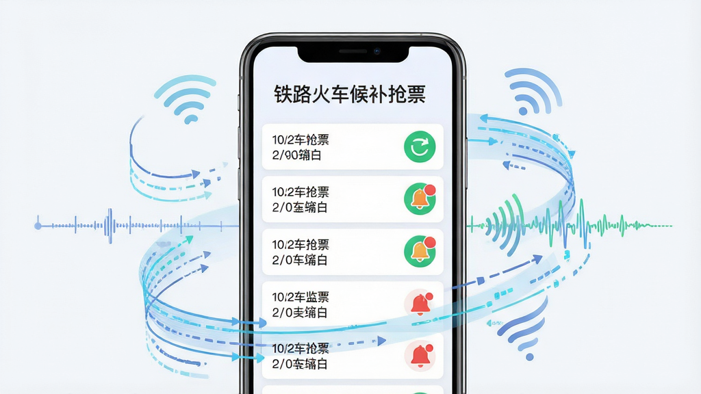 一张表现智能候补监控功能的图片,画面主体是一部手机,屏幕中显示“铁路火车候补抢票”字样和多个车次监控列表,列表旁有绿色刷新图标和红色提醒铃铛。布局为手机居中,周围环绕数据流线条,风格为扁平化科技风,细节包括时间轴、信号波纹,画质高清,干净,无多余元素