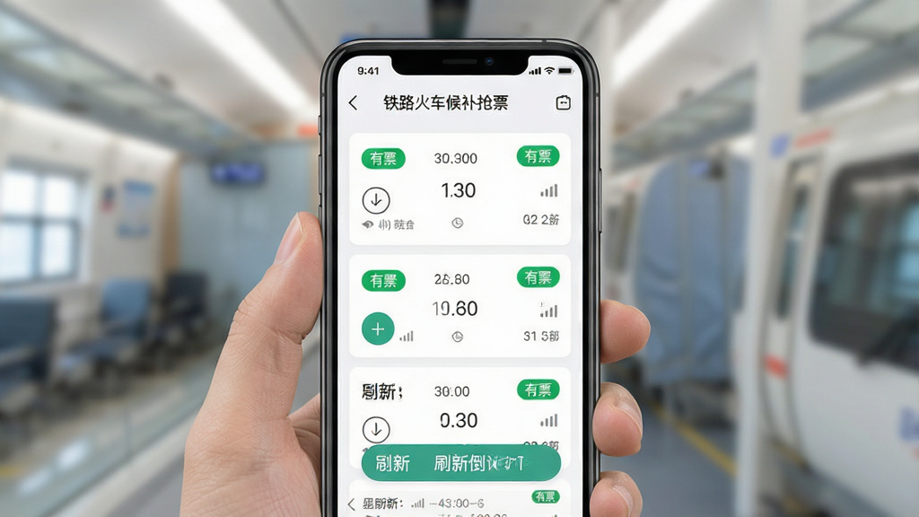 一张展示实时余票刷新功能的图片,画面中央是手机屏幕,屏幕内显示“铁路火车候补抢票”软件界面,有多个车次卡片,部分卡片显示“有票”绿色标签和刷新倒计时。布局采用卡片式排列,风格清新简约,细节包括刷新按钮、时间戳、信号图标,画质清晰,干净,无多余元素