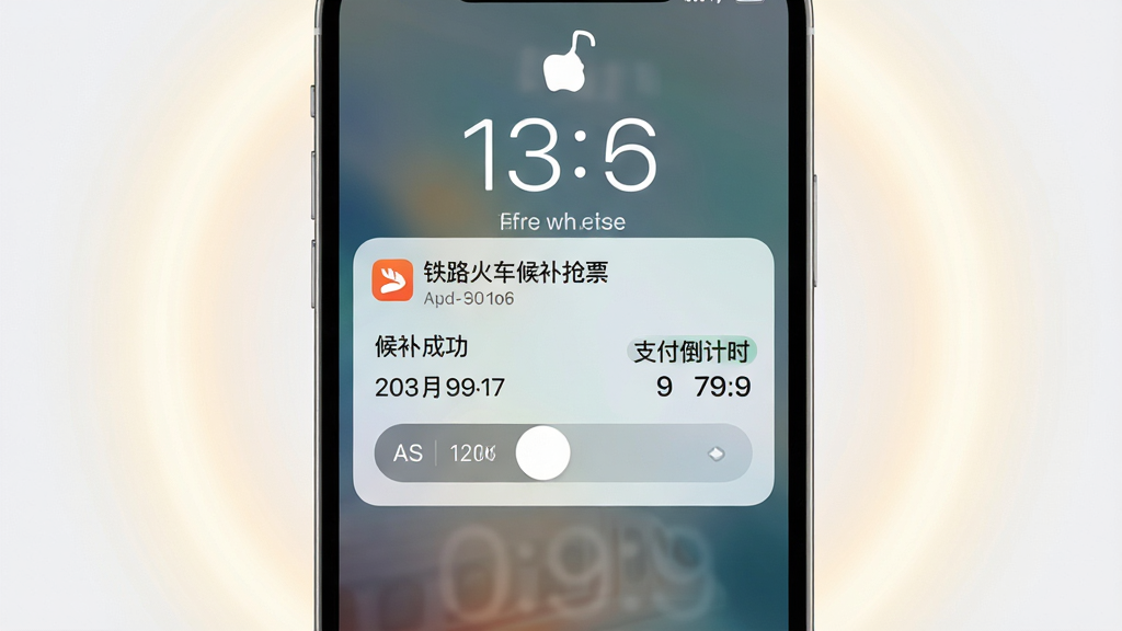 一张表现消息通知提醒功能的图片,画面主体是手机锁屏界面,屏幕上弹出“铁路火车候补抢票”的通知卡片,卡片内显示候补成功和支付倒计时。布局为手机居中,背景为柔和光晕,风格为现代简约,细节包括通知图标、时间、滑动条,画质高清,干净,无多余元素