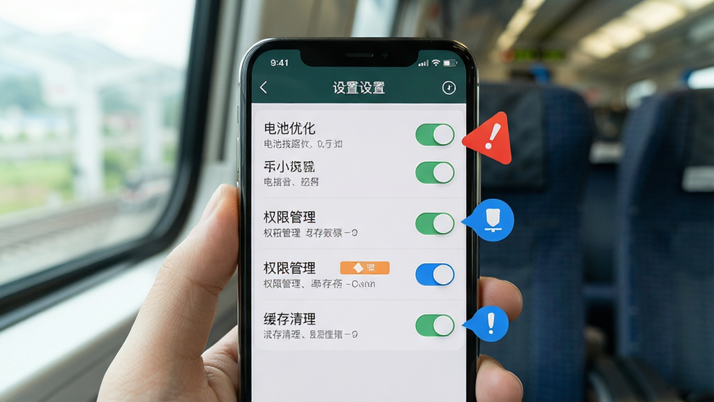 一张展示新手使用铁路火车候补抢票避坑指南的图片,画面为手机屏幕显示软件设置页面,页面中有电池优化、权限管理、缓存清理等选项,旁边有红色警示图标和蓝色提示图标。布局为竖向列表,风格为清爽工具风,细节包括开关按钮、文字标签,画质清晰,干净,无多余元素