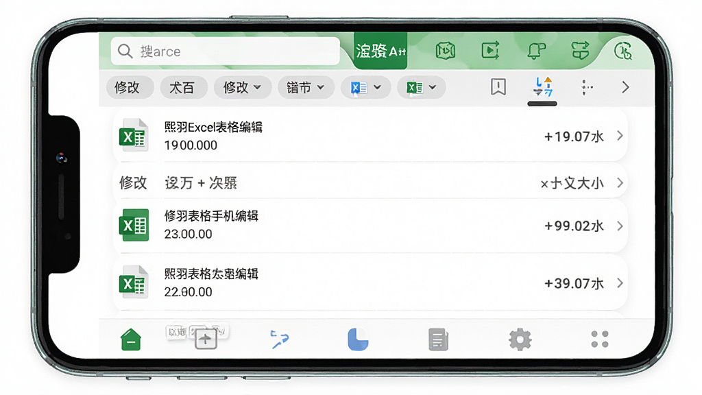 手机界面展示“熙羽Excel表格手机编辑”的文件管理页面,列表中有多个Excel文件,每个文件旁边有修改时间和大小信息,顶部有搜索框和分类标签,风格为清新简约风,细节包括文件图标、列表分割线、底部导航栏,画质高清,干净,无多余元素