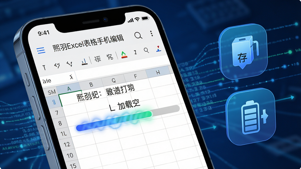 手机屏幕显示“熙羽Excel表格手机编辑”正在打开一个较大的表格文件,进度条显示加载中,手机旁边有内存和存储空间的抽象图标,风格为科技蓝调,细节包括进度条动画、手机边框、背景中的数据流线条,画质高清,干净,无多余元素