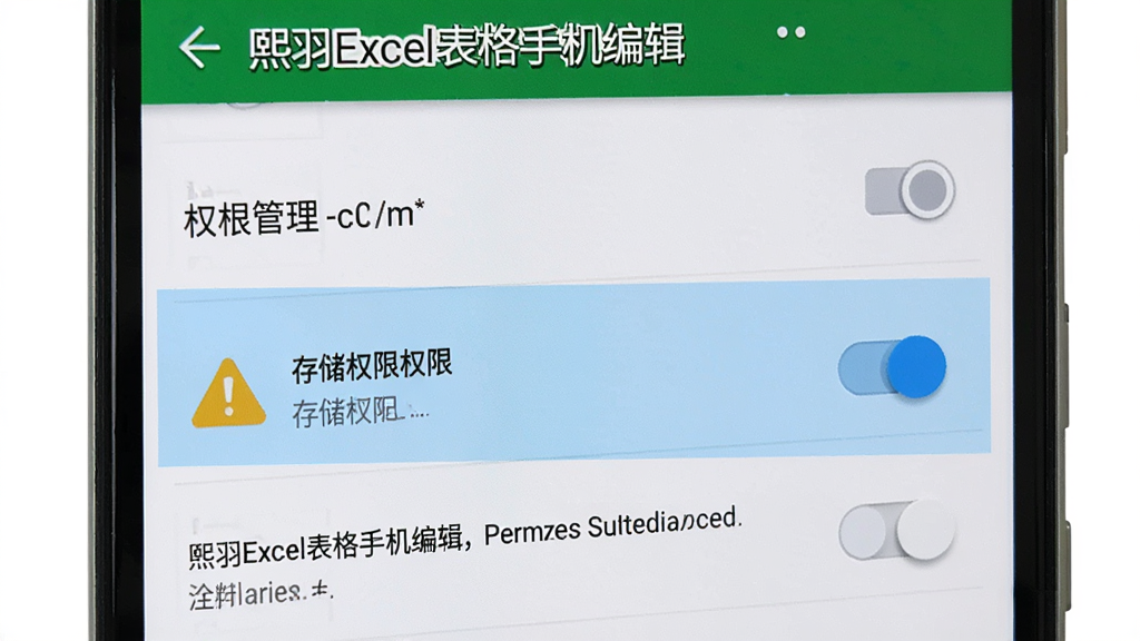 一部安卓手机屏幕显示“熙羽Excel表格手机编辑”的应用设置页面,权限管理选项被高亮,旁边有警示图标和存储权限开关,风格为写实界面风,细节包括设置菜单、权限开关按钮、提示文字,画质高清,干净,无多余元素