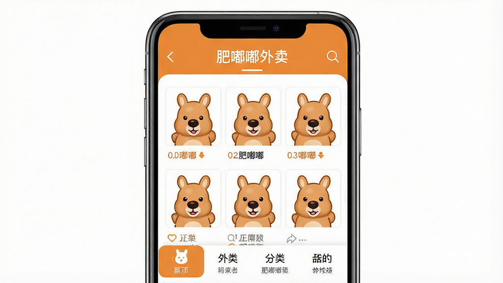 一张展示“肥嘟嘟外卖”软件主界面的手机应用预览图,画面中央放置一部智能手机,屏幕内显示肥嘟嘟外卖的首页布局,顶部有软件名称“肥嘟嘟外卖”字样,中间排列多张肥嘟嘟袋鼠表情包缩略图,底部有分类导航栏,整体配色以暖橙色和白色为主,风格清新可爱,细节清晰,画质干净,无多余元素