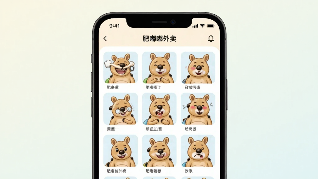 一部手机屏幕中展示“肥嘟嘟外卖”软件的表情包分类页面,画面中有多张肥嘟嘟袋鼠卡通形象的表情包缩略图整齐排列,包含搞笑、可爱、日常问候等不同风格,背景为浅色渐变,整体风格活泼明快,画质清晰,干净整洁,无多余元素