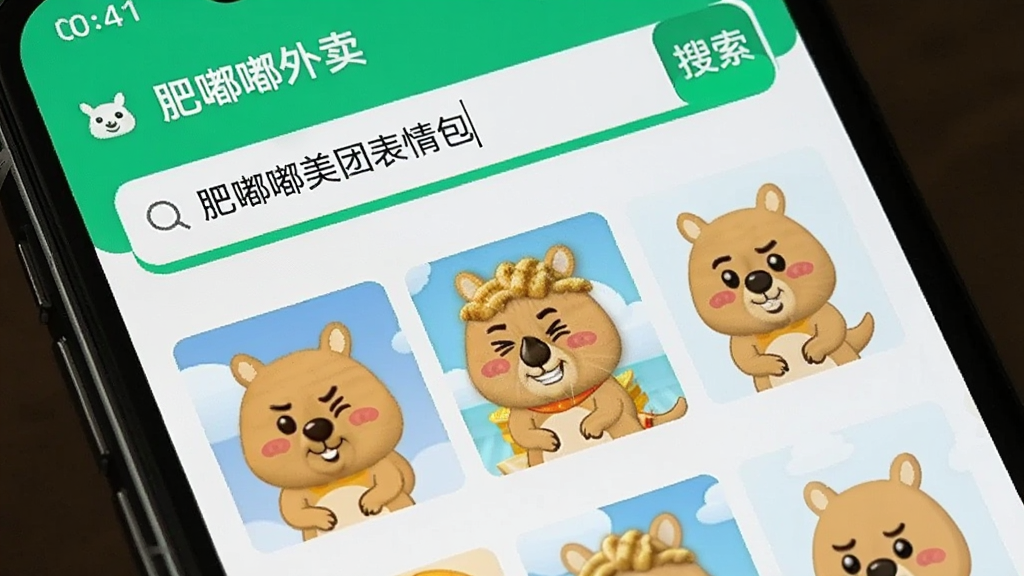 一部手机屏幕展示“肥嘟嘟外卖”软件的搜索界面,搜索框内显示“肥嘟嘟美团表情包”关键词,下方展示搜索结果的多张肥嘟嘟袋鼠表情包图片,界面简洁,配色清新,画质干净,无多余元素