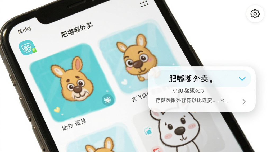 一张展示“肥嘟嘟外卖”软件在手机上正常运行的画面,手机屏幕显示肥嘟嘟袋鼠表情包列表,旁边有设置图标和存储权限弹窗示意,整体风格简洁清晰,画质干净,无多余元素