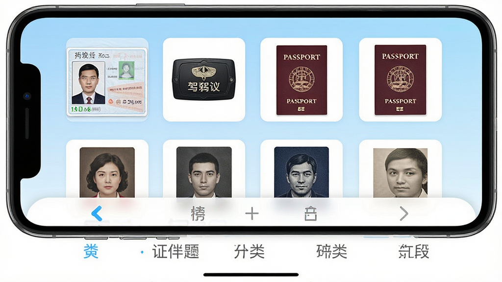 一张手机屏幕展示电子证件照管理通应用主界面,界面中整齐排列着身份证、驾驶证、护照等各类证件照缩略图,背景为浅蓝色渐变,手机下方有分类标签栏,整体风格简洁清爽,画面干净,无多余元素,高清画质