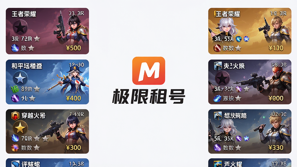 极限租号平台界面展示海量游戏账号列表,屏幕中央为极限租号品牌标识,两侧排列王者荣耀、和平精英、原神、穿越火线等热门游戏账号卡片,每张卡片显示段位、皮肤数、价格,布局整齐,风格清爽明亮,细节丰富,画质高清,干净无多余元素