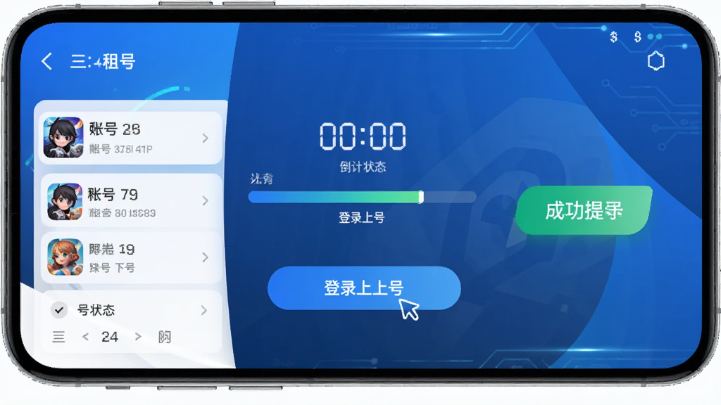 极限租号APP操作界面,用户点击一键上号按钮后屏幕显示登录进度条,旁边有倒计时和成功提示,界面简洁流畅,配色以蓝色和白色为主,风格科技感十足,细节包括账号信息、游戏图标、上号状态提示,画质高清,干净无多余元素