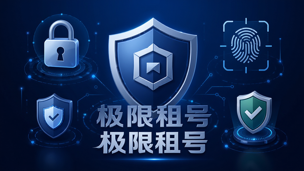 极限租号安全防护功能宣传图,画面中央为盾牌图标与极限租号名称,周围环绕加密锁、指纹识别、安全认证等元素,背景为深蓝色渐变,风格专业可靠,细节包括安全标识、防护线条、科技纹理,画质高清,干净整洁,无多余元素